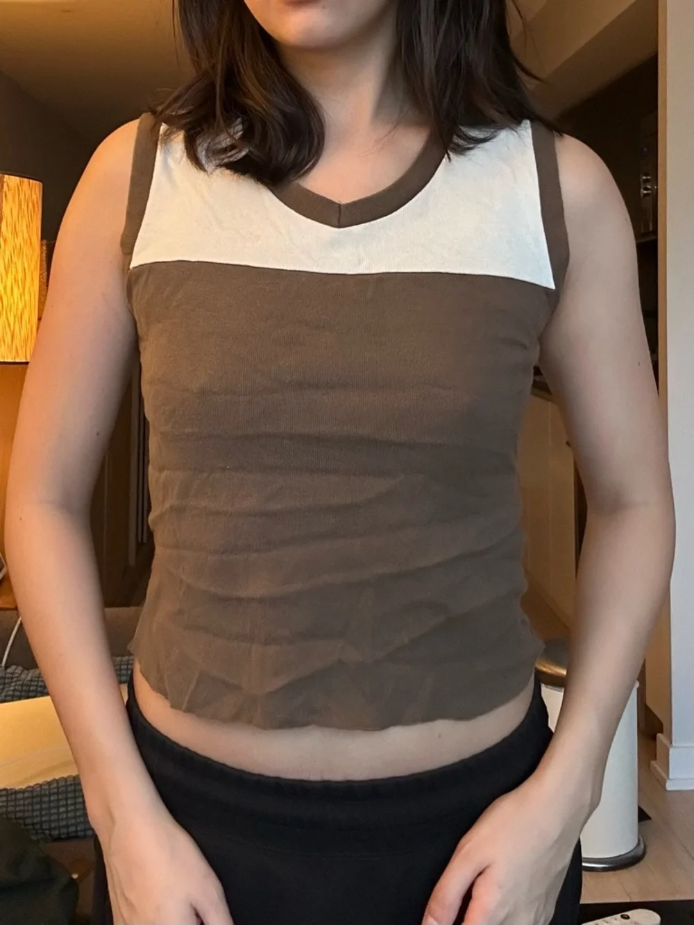 Brandy Melville Brown and Cream V-Neck Colorblock Tank - Picture 3 of 3
